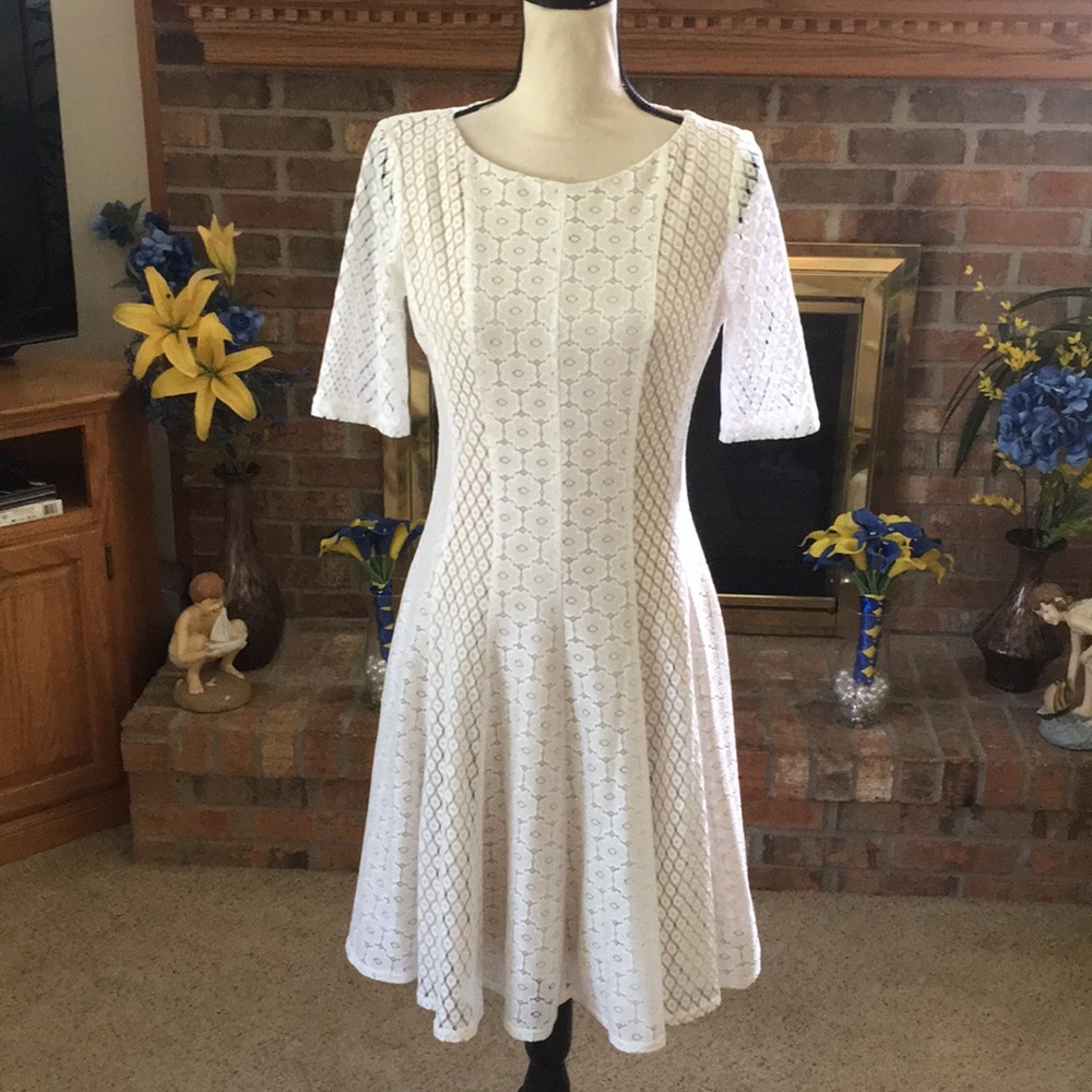 Danny and Nicole Ivory White Floral Lace Fit & Flare Dress, Size 6 A-Line Midi